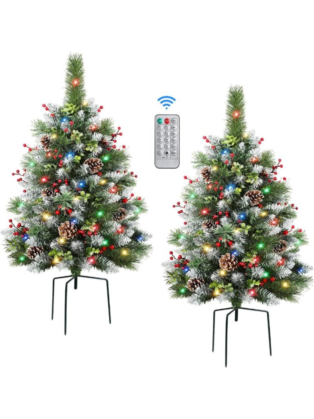 Set of 2 Pre-lit 24.5 Inch Outdoor Christmas Trees with Remote Control - Holiday